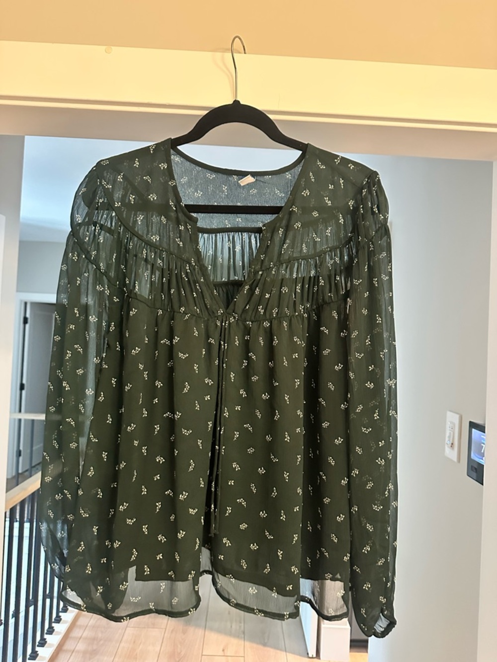Old Navy Forest Green Sheer Floral Peasant Blouse